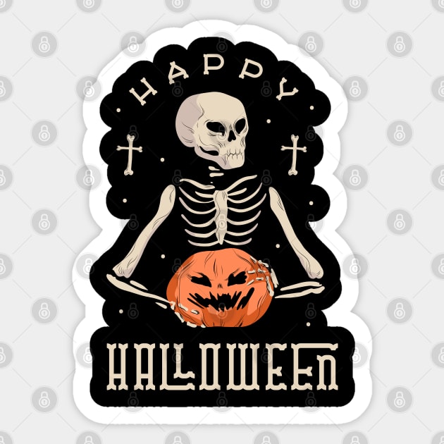 Happy Halloween Skeleton With Jack O' Lantern Sticker by M n' Emz Studio